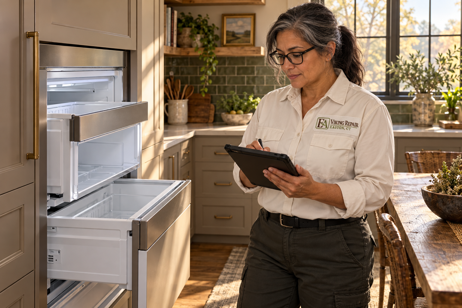 Technician recording notes beside open freezer drawers — AI illustration for Viking Repair Easton