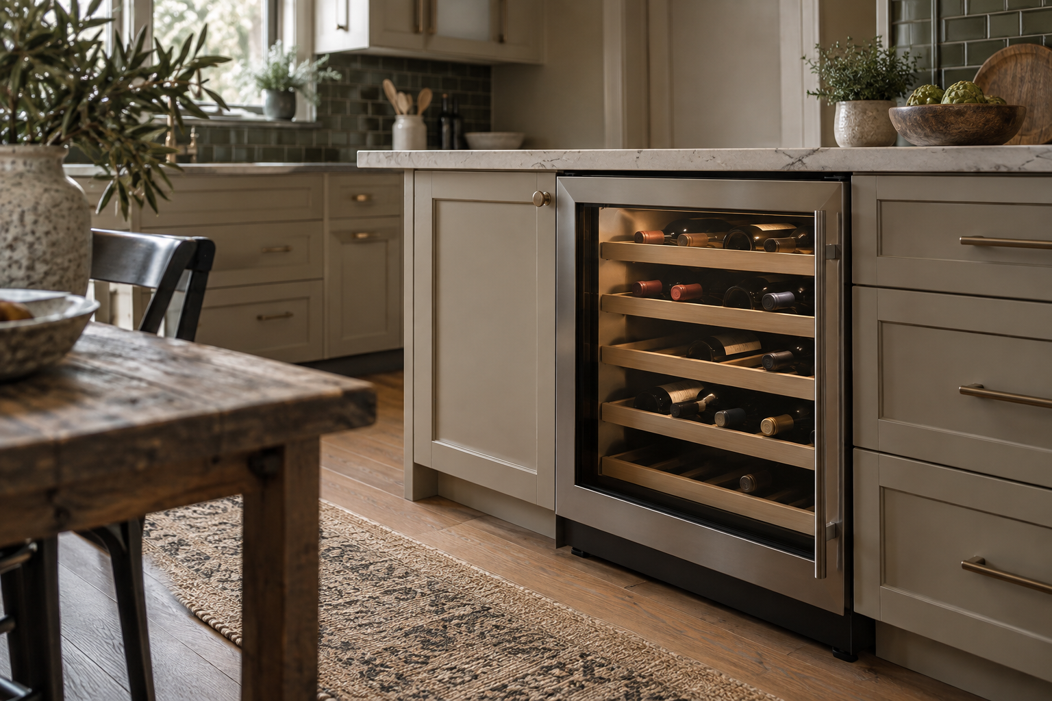 Illustrative Monogram wine cooler in a residential kitchen — AI image for Viking Repair Easton
