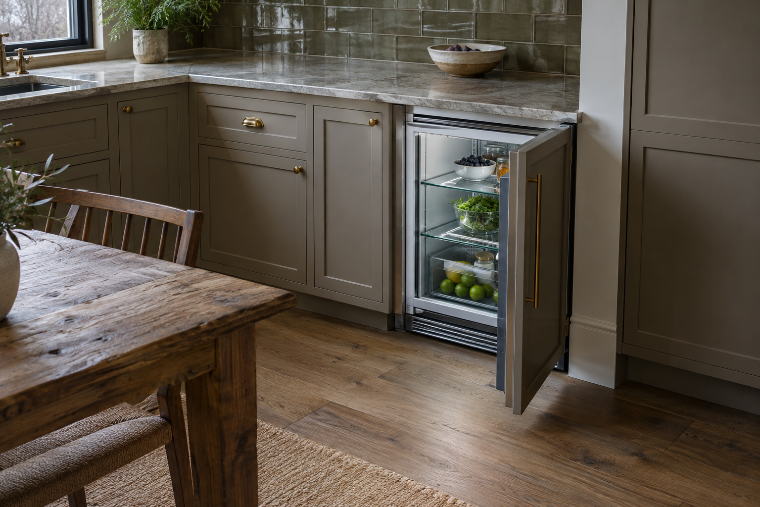 Illustrative Sub-Zero undercounter refrigerator in a residential kitchen — AI image for Viking Repair Easton