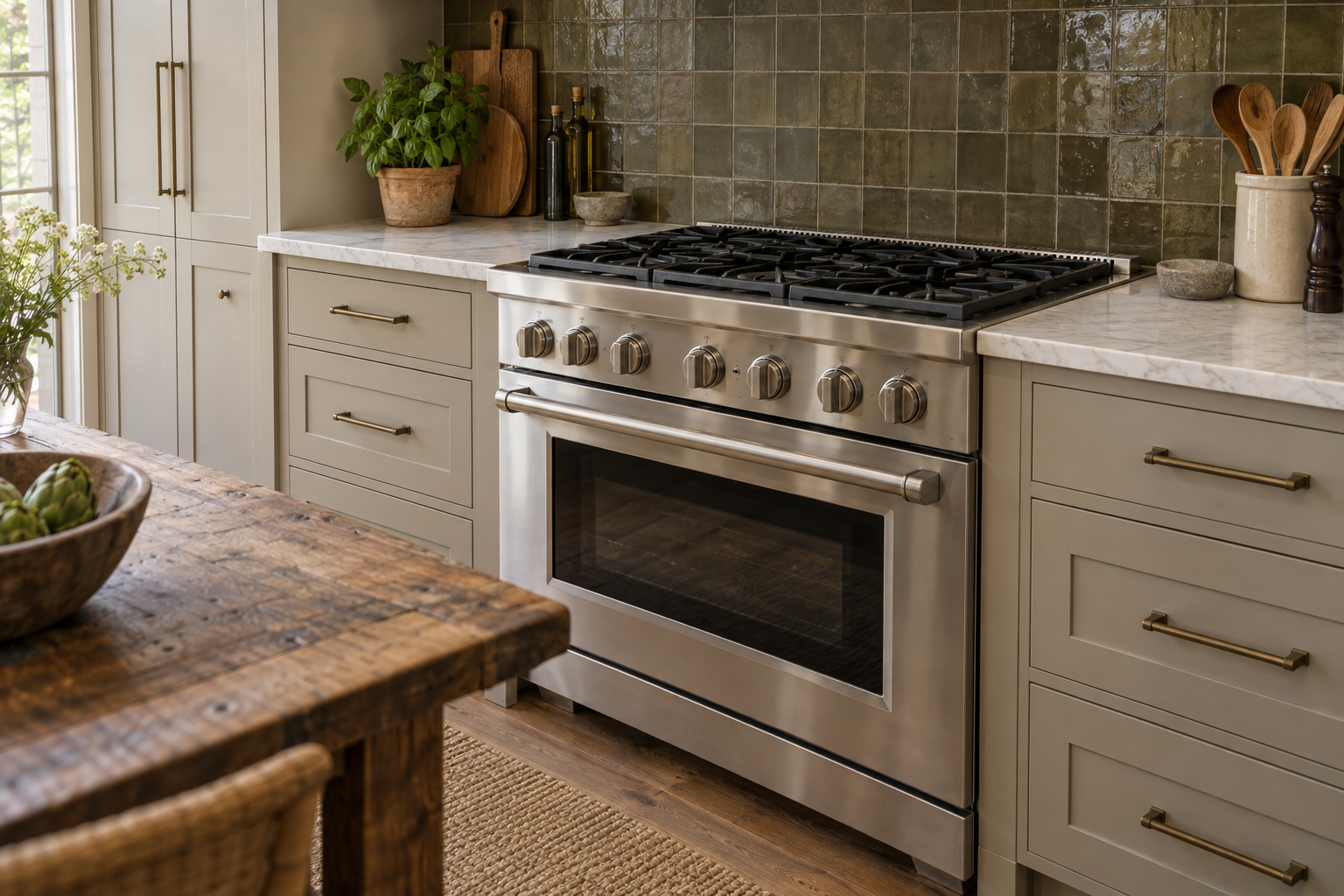 Illustrative Wolf range in a residential kitchen — AI image for Viking Repair Easton